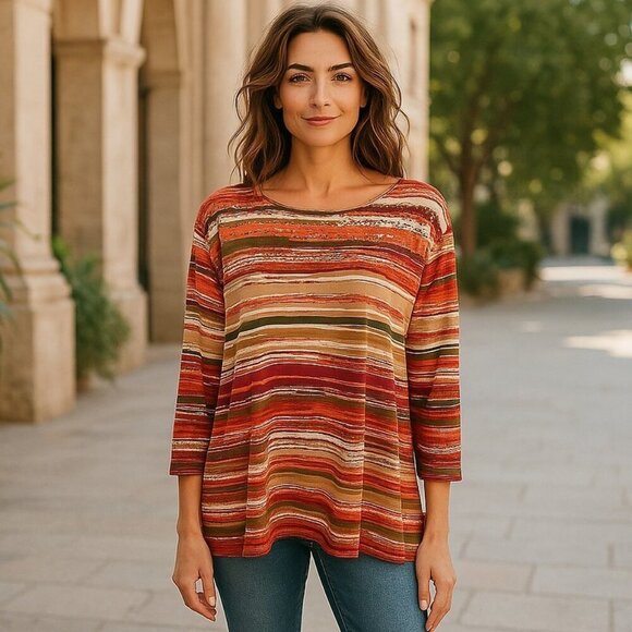 Ruby Rd Sweater 1X Red Beige Striped Boatneck Embellished Fall Knit Top - Picture 1 of 6